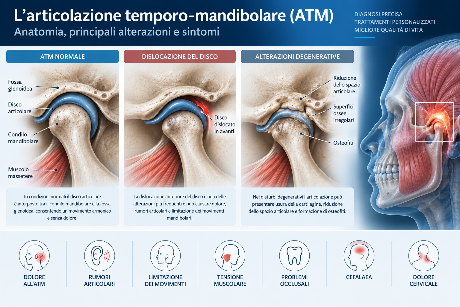 Articolazione temporo-mandibolare ATM con condilo mandibolare disco articolare e alterazioni articolari
