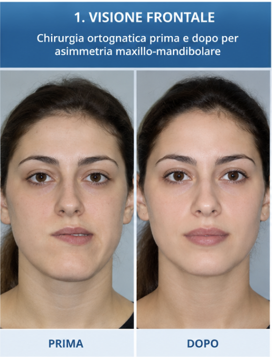 Chirurgia ortognatica prima e dopo per asimmetria maxillo-mandibolare in visione frontale