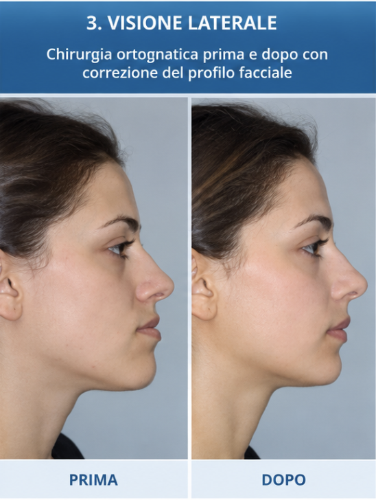 Chirurgia ortognatica prima e dopo in visione laterale con correzione del profilo facciale